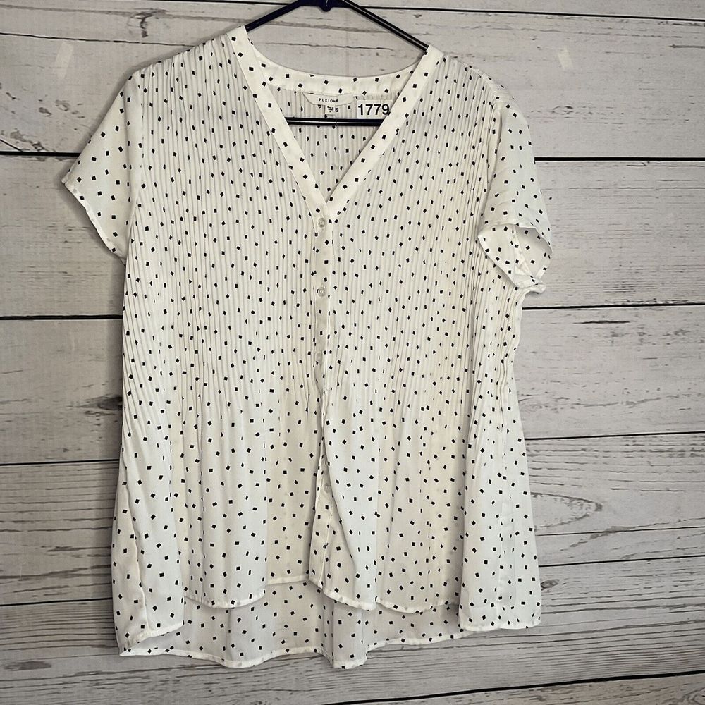 Pleione Womens Square Print Pleated V-Neck Button Blouse S WQZ509640RK